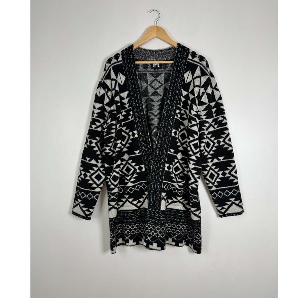 Southwestern Frye Womens XL Cardigan Sweater Black White Geometric Open Front